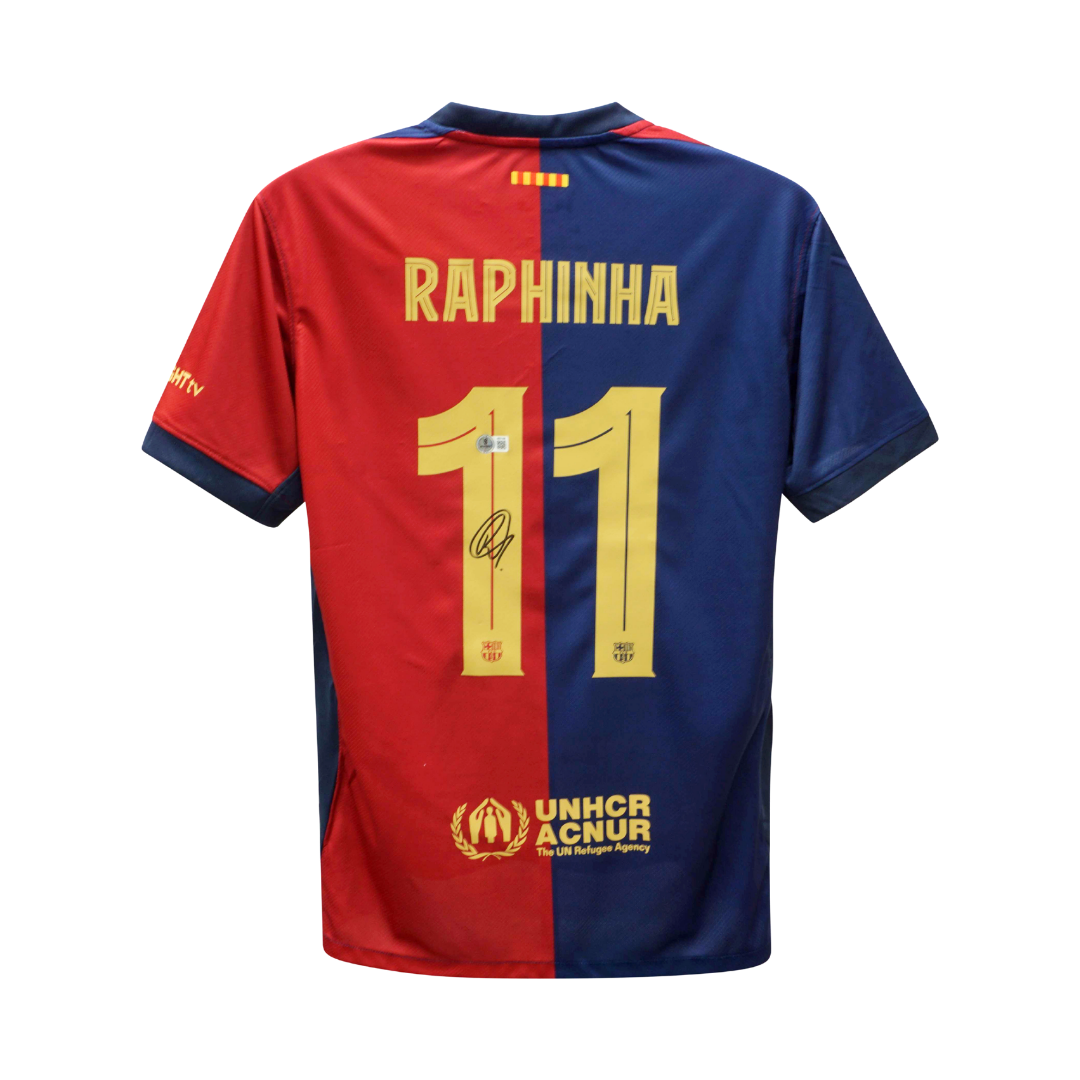 Framed Raphinha Signed FC Barcelona Home Soccer Jersey #11 with Beckett COA