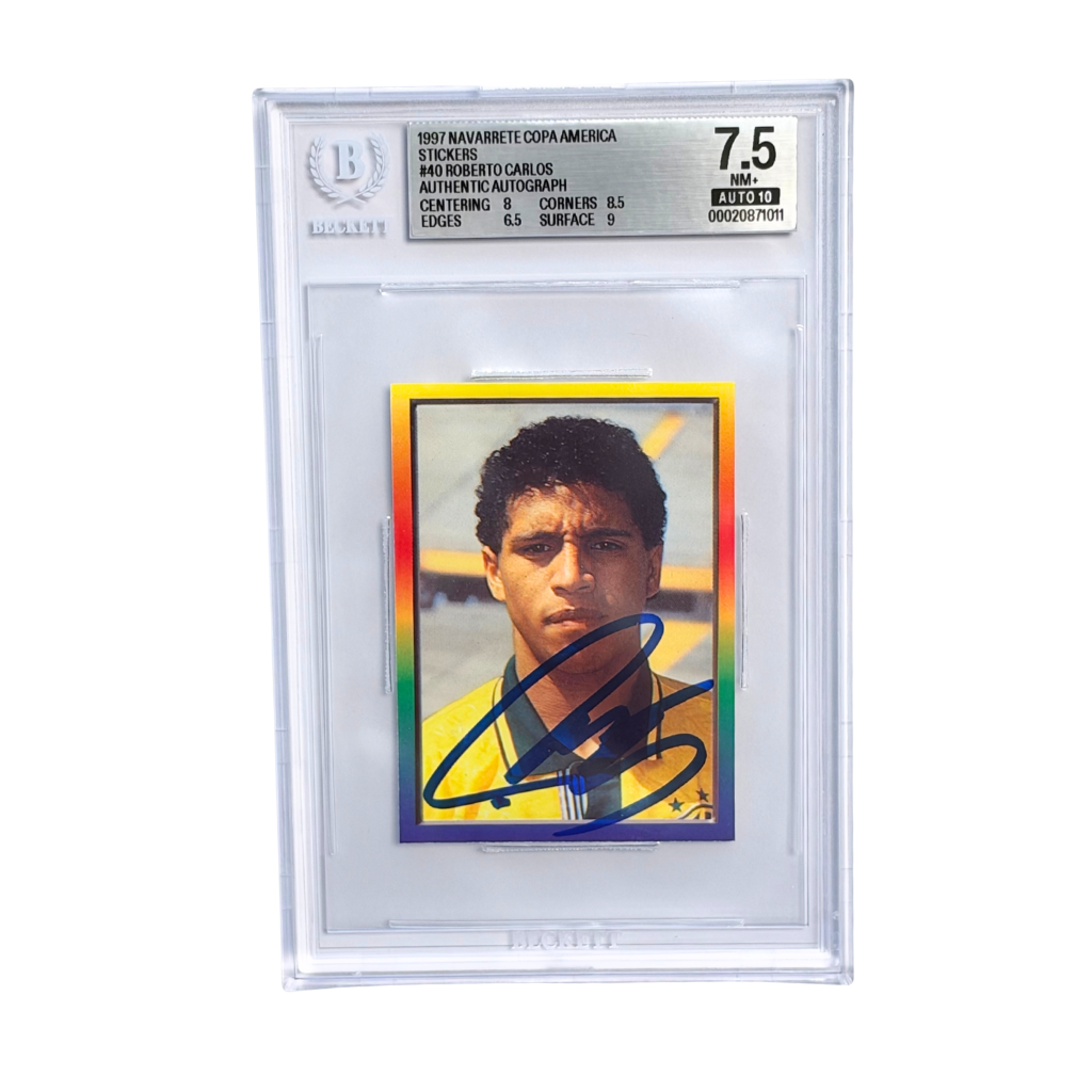 Roberto Carlos Signed 1997 Navarrete Copa America Sticker #40 - BGS 7.5 AUTO 10