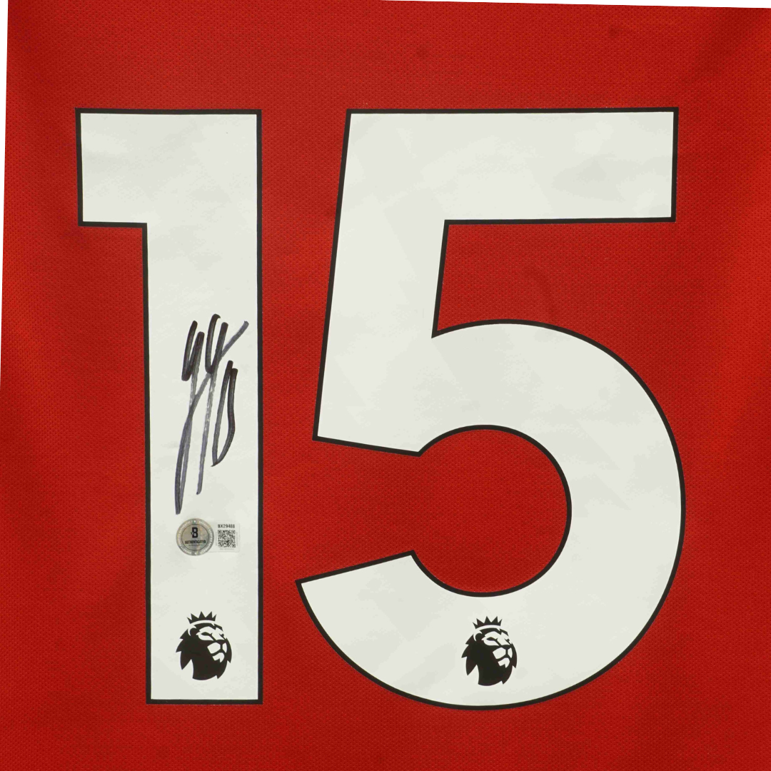 Framed Leny Yoro Signed Manchester United Home Soccer Jersey #15 with Beckett COA
