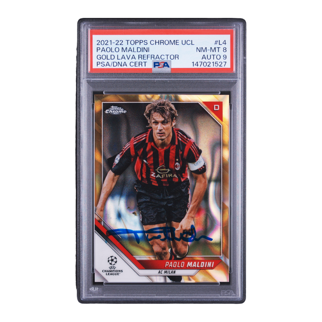 Paolo Maldini Signed 2021-22 Topps Chrome UCL Gold Lava Refractor - PSA 8 AUTO 9