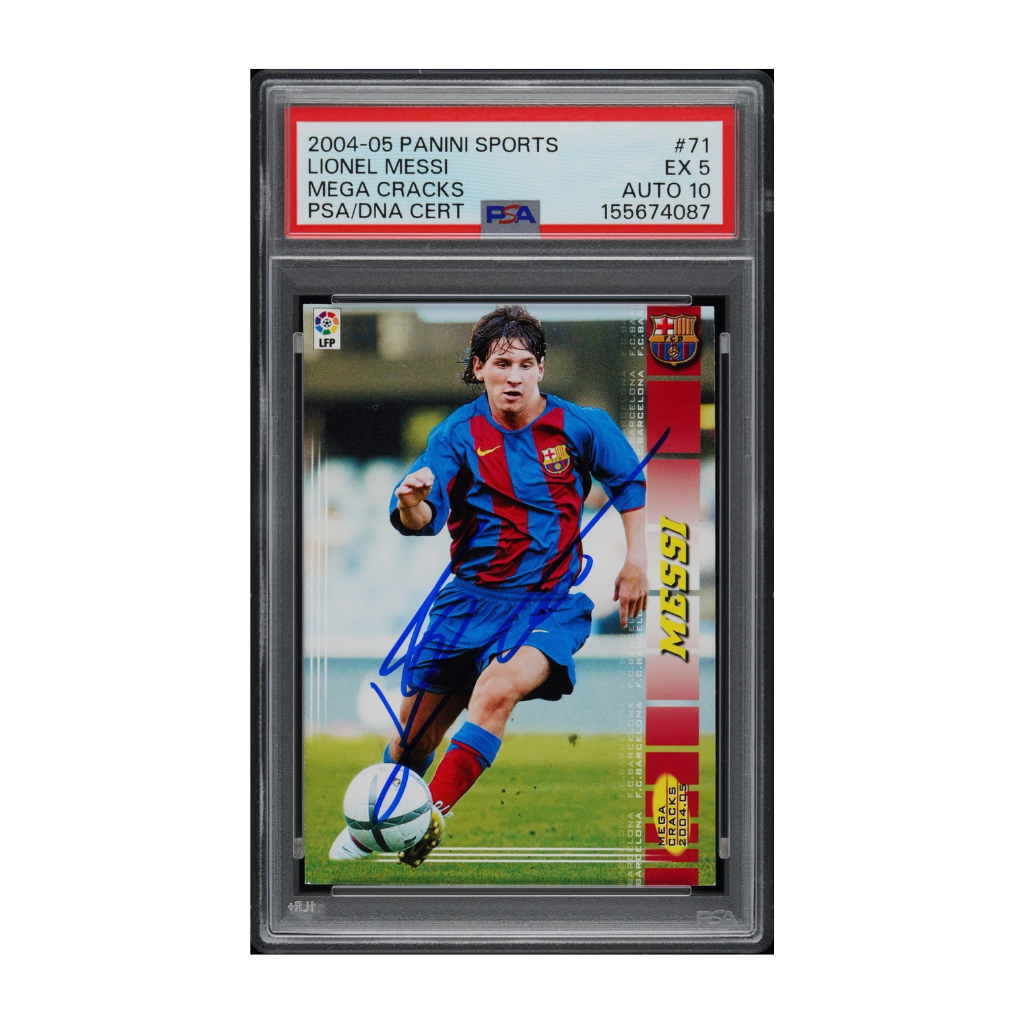 リオネル・メッシ 直筆サイン入り 2004 パニーニ Megacracks #71 ルーキーカード － PSA 5 AUTO 10