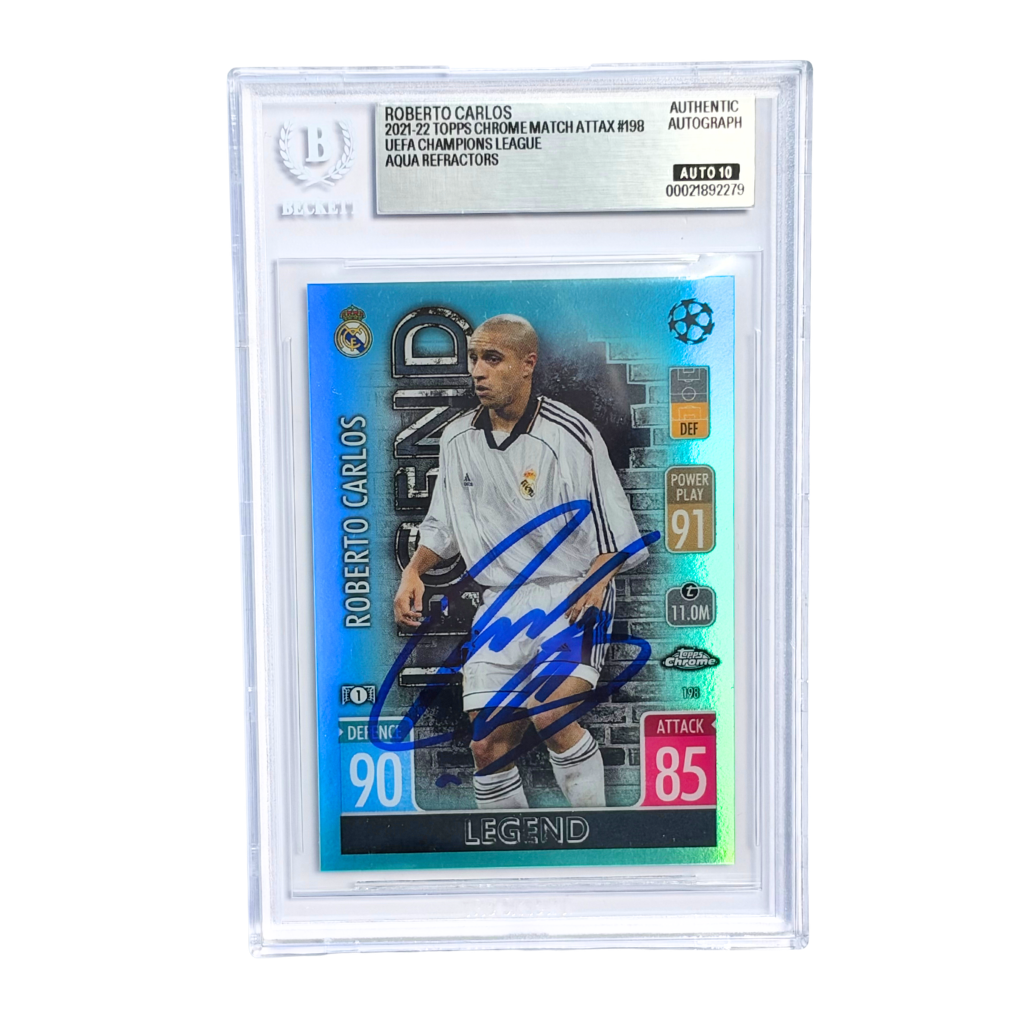 Roberto Carlos Signed 2021 Topps Chrome Match Attax UCL Aqua - BGS 10 Autograph