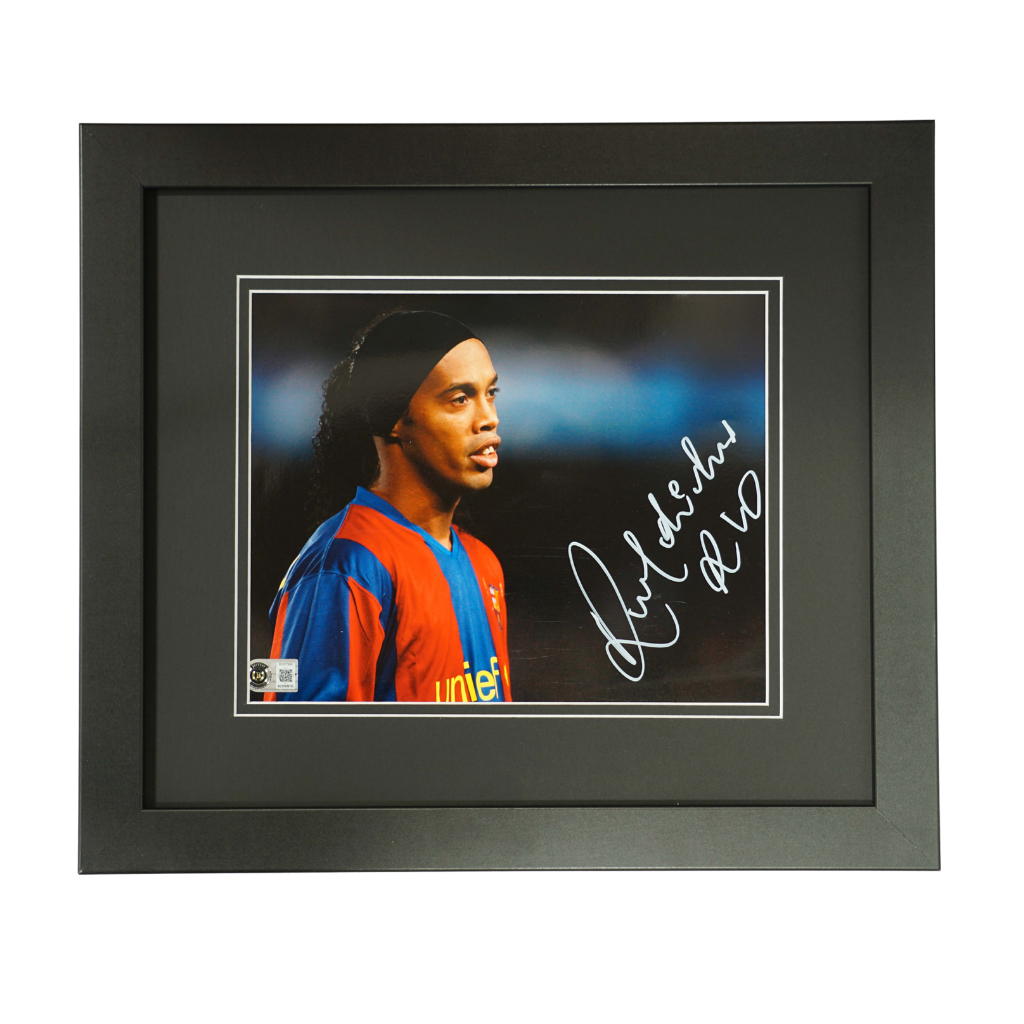 Ronaldinho Signed Barcelona Soccer Print In Frame 12″ x 14″ with Beckett COA