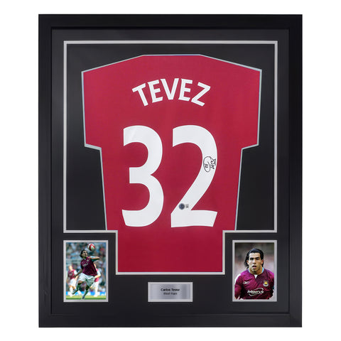 Framed Carlos Tevez Signed West Ham Home Soccer Jersey #32 with Beckett Witness
