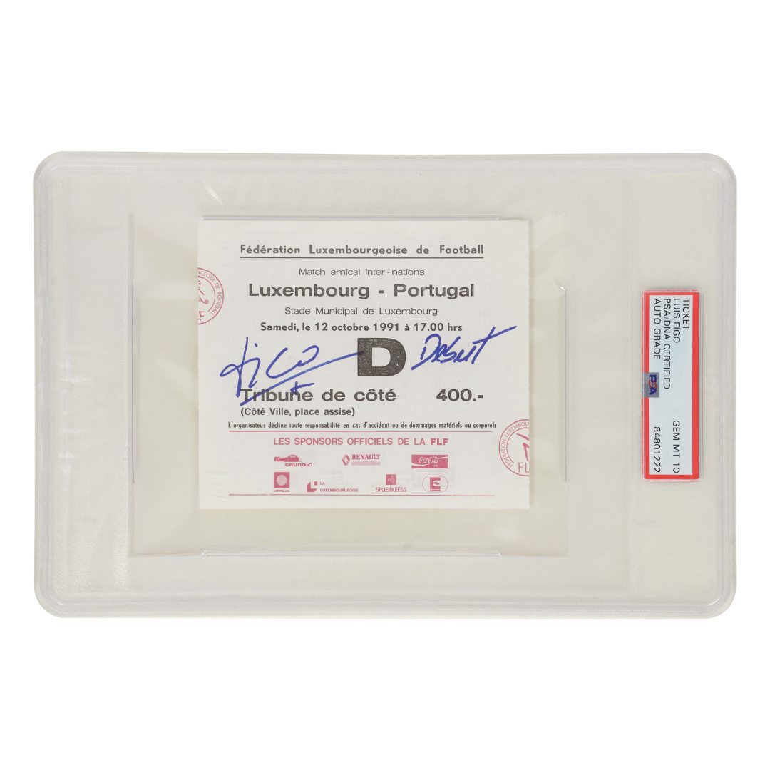 Luis Figo Signed 1991 Portugal Pro Debut Match Ticket Inscribed – PSA 10 Auto