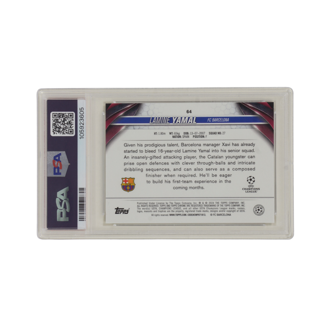 Lamine Yamal Signed 2023-24 Topps Chrome UCC #64 Rookie Card – PSA 10 Auto 9