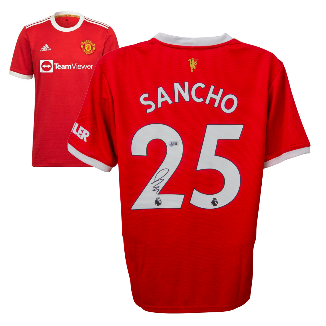 Jadon Sancho Signed Manchester United Home Soccer Jersey #25 with Beckett COA