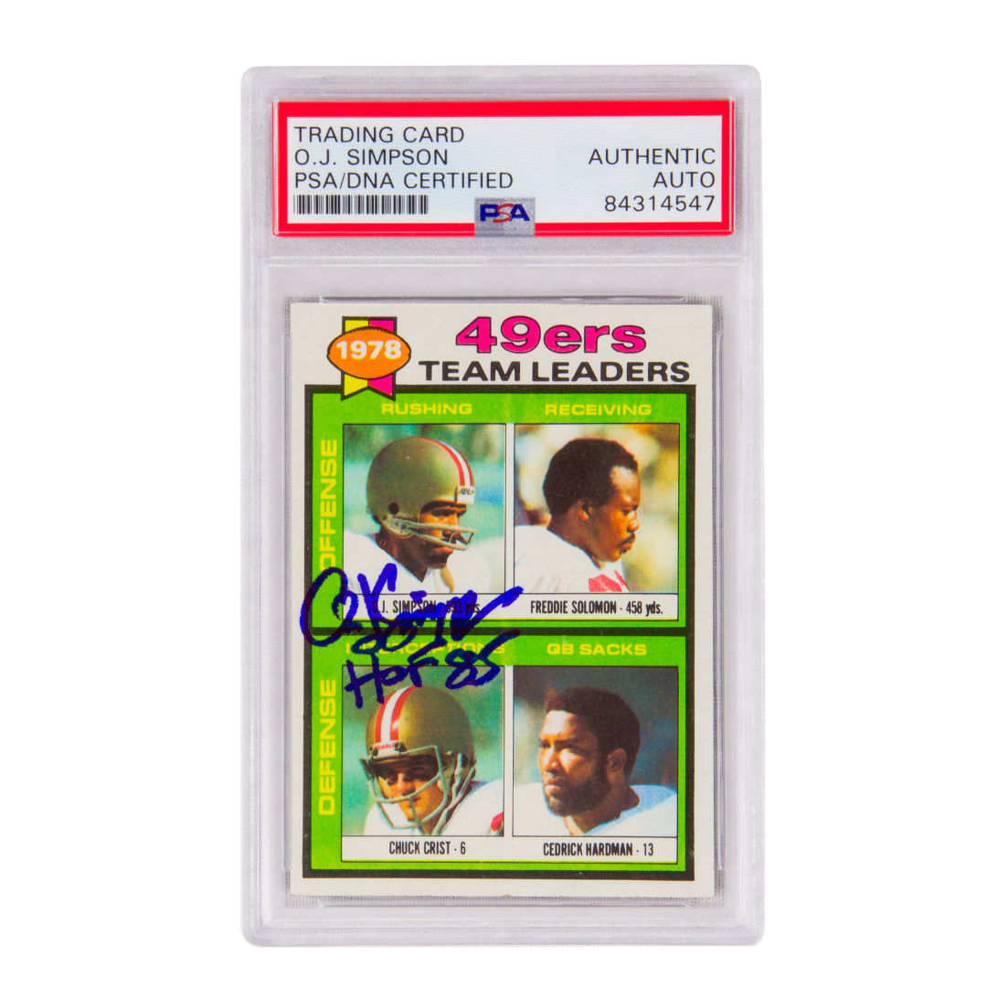 OJ Simpson Signed 1978 Topps Team Leaders Inscribed “HOF 85” – PSA Authentic