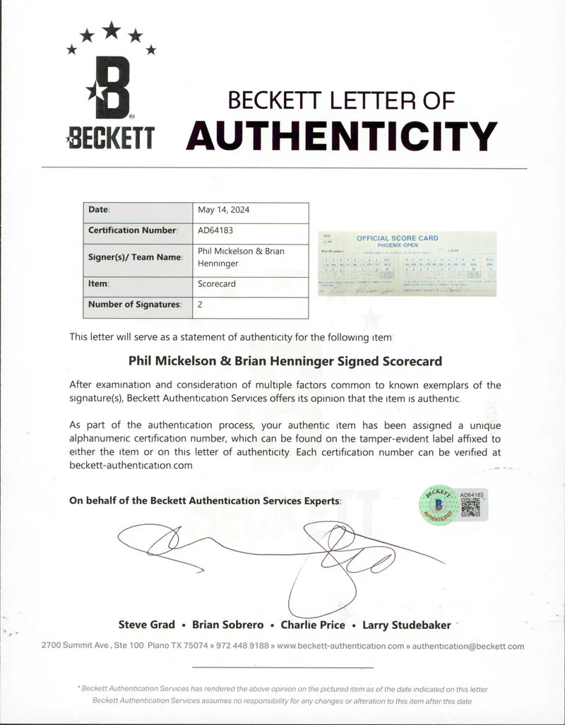 Phil Mickelson & Brian Henninger Signed 1995 Phoenix Open Scorecard BAS