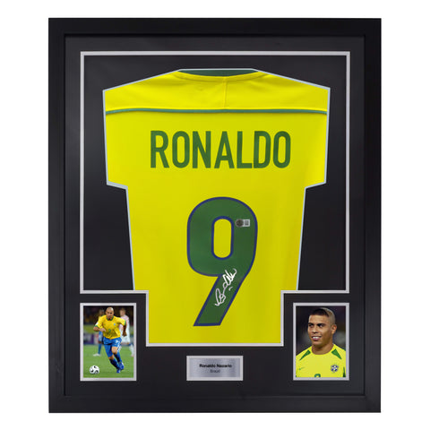 Framed Ronaldo Nazario Signed Brazil FC Home Soccer Jersey #9 with Beckett Witness