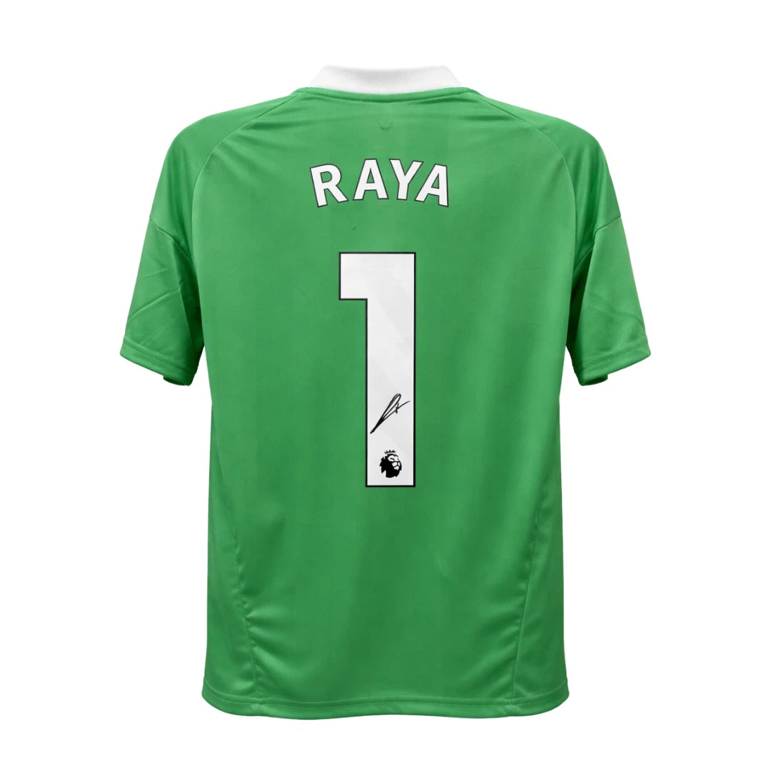 Framed David Raya Signed Arsenal Goalkeeper Away Soccer Jersey #1 with Beckett COA