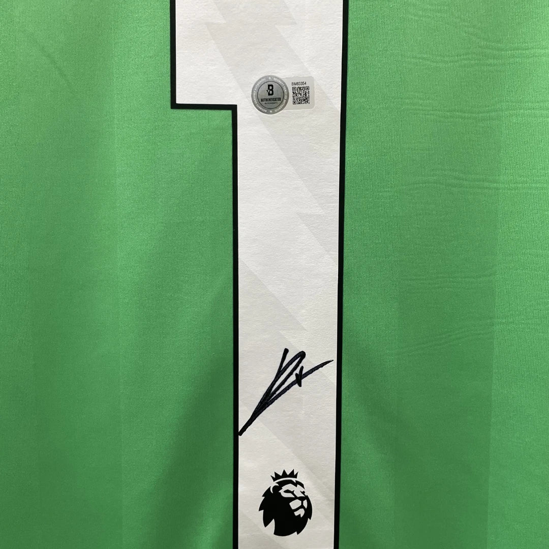 Framed David Raya Signed Arsenal Goalkeeper Away Soccer Jersey #1 with Beckett COA