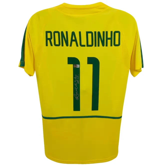 Framed Ronaldinho Signed Brazil FC Home Soccer Jersey #11 with Beckett COA