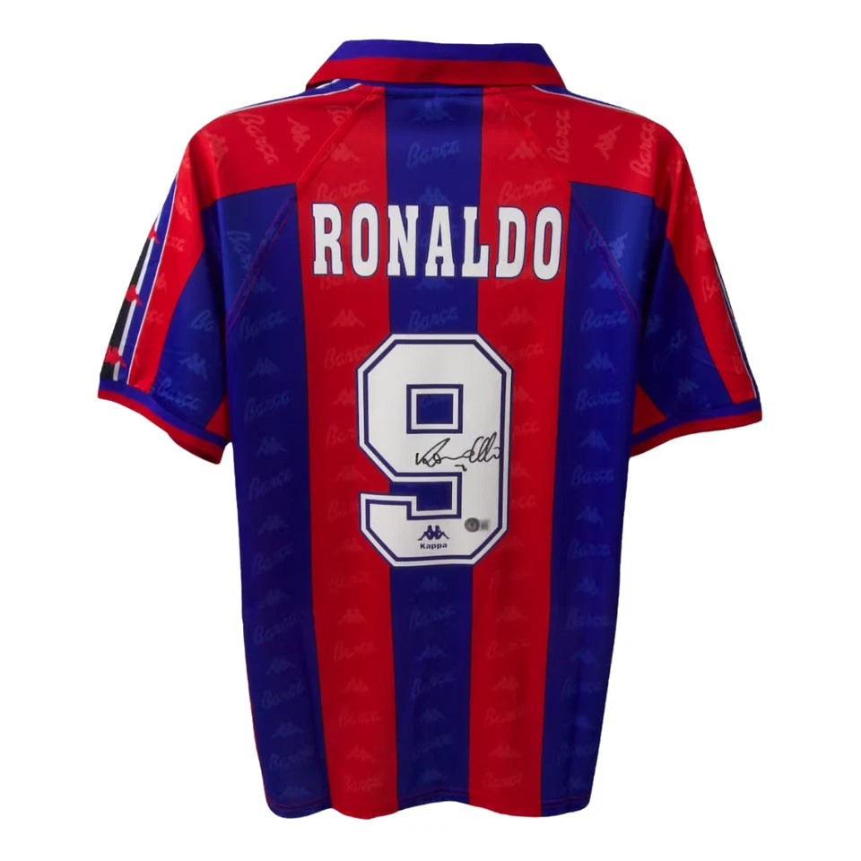 Framed Ronaldo Nazario Signed FC Barcelona Home Soccer Jersey #9 with Beckett COA