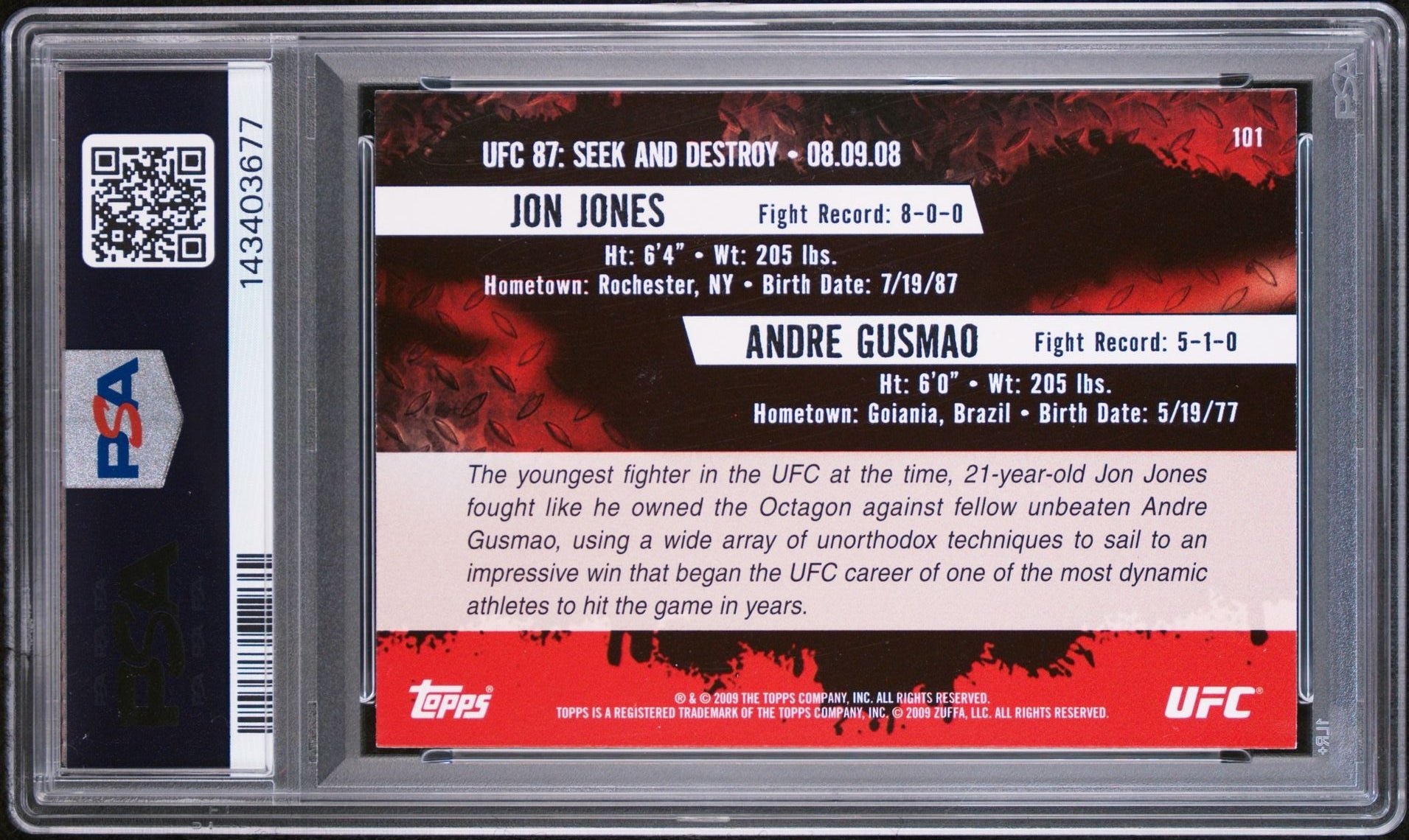 Jon Jones Signed 2009 Topps UFC Seek and Destroy Rookie – PSA 9 AUTO 10
